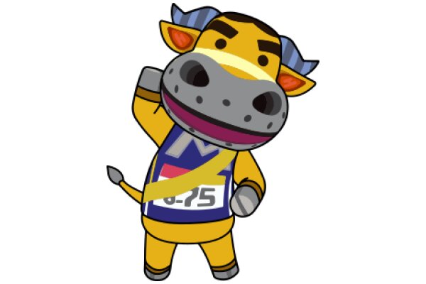 A Playful Cartoon of a Cow with a Number 65 on Its Vest