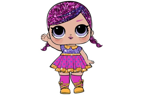 Stylish Cartoon Character: A Purple-Haired Girl with a Pink Dress and Yellow Boots