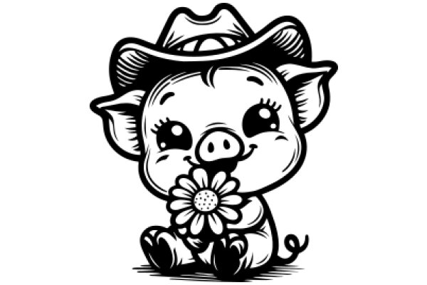 A Whimsical Cowboy Pig: APig in a Cowboy Hat Holding a Flower