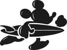 Whimsical Black and White Illustration of a Surfing Mickey Mouse Character