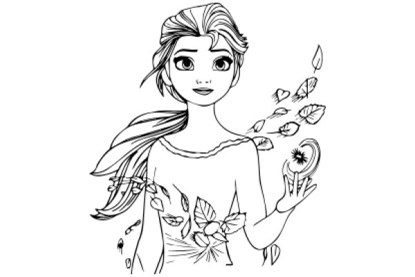 Whimsical Illustration: A Girl with Fluttering Leaves and a Heart