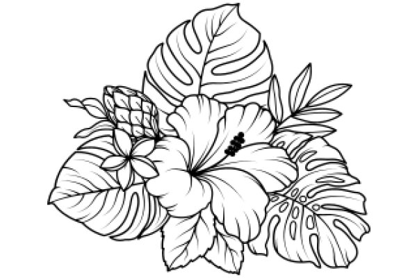 Stylized Floral Illustration: A Line Art of Tropical Flowers and Leaves