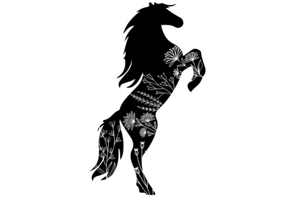 Elegant Black Silhouette of a Horse with Floral Designs