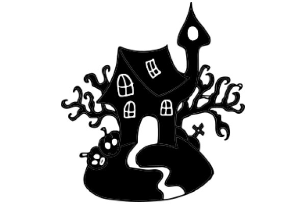 Whimsical Illustration of a House with a Tree and a Cross