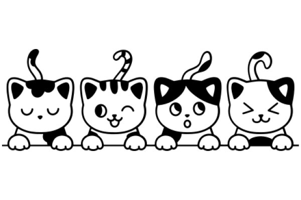 Four Adorable Cartoon Cats with Different Expressions, Line Art Style