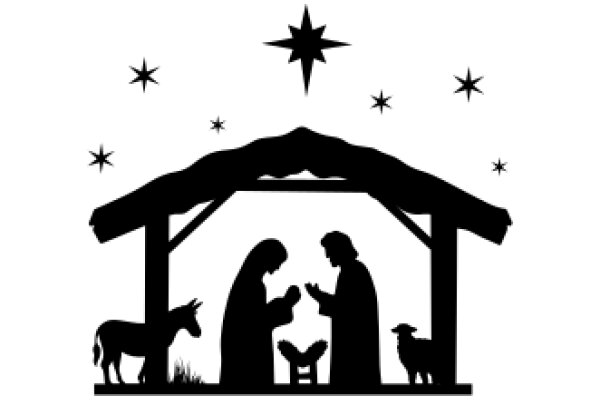 Silhouette of a Nativity Scene with Stars Above