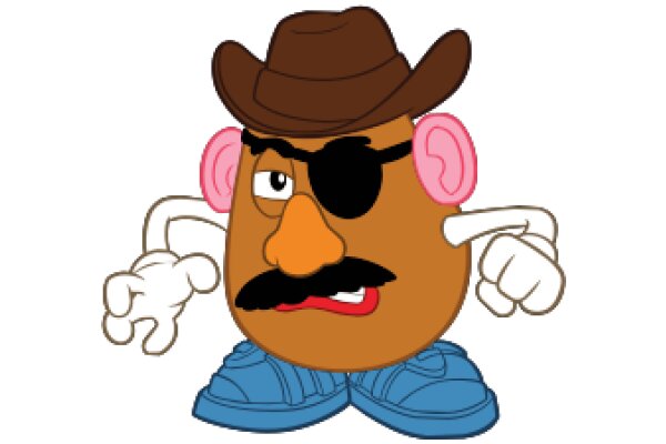 A Playful Cartoon Character: A Cowboy Potato with a Pink Ear and a Blue Shoe