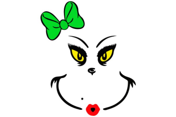 A Whimsical Character with a Green Bow and Yellow Eyes