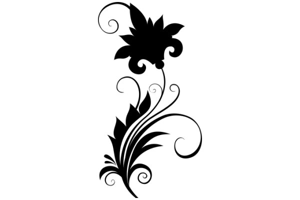 Stylized Black Flower with Swirling Leaves and Stem