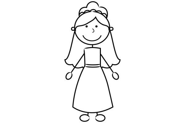 A Simple Line Drawing of a Smiling Girl with Pigtails and a Dress