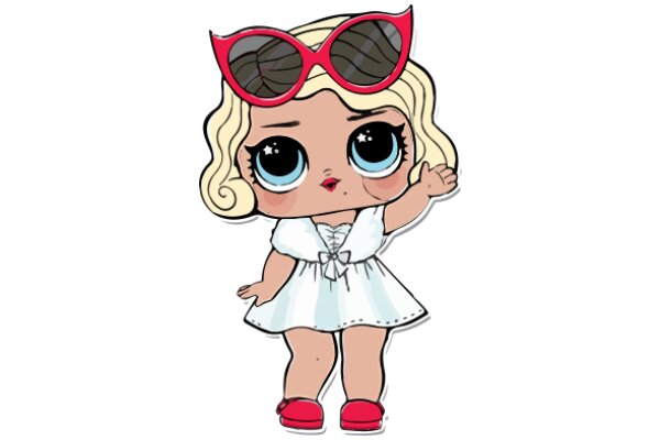 Stylish Cartoon Character with Red Sunglasses and a White Dress