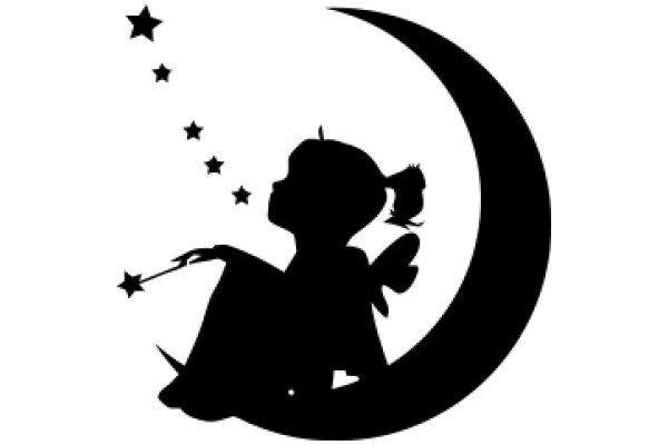 Silhouette of a Child with a Wand, Under a Crescent Moon with Stars