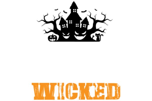 Whimsical Halloween-Themed Logo with a Silhouette of a Haunted House and a Cat