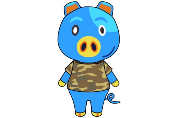 A Friendly Blue Cartoon Pig with a Camouflage Shirt and Orange Ears