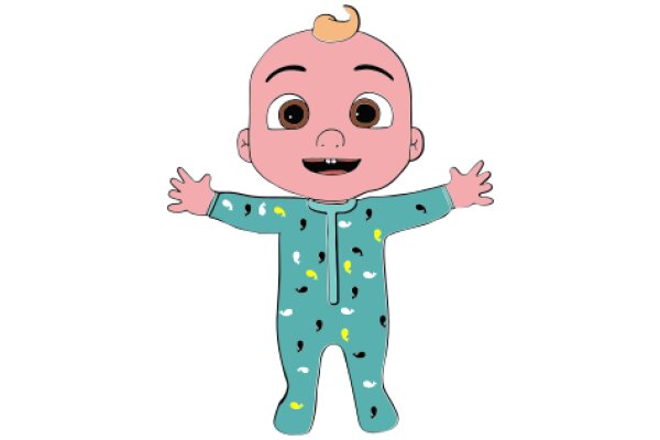 A Cute Cartoon Baby in a Blue Onesie with a Yellow Pattern