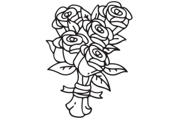 Line Drawing of a Bouquet of Roses with a Ribbon