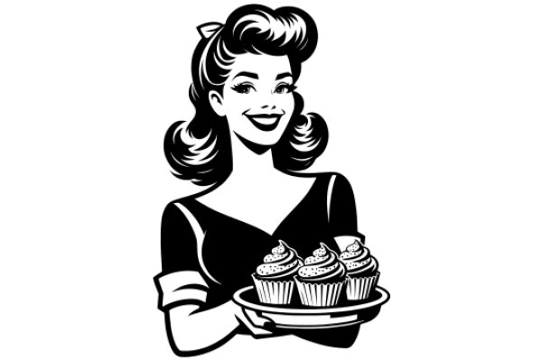 Retro Chic: A Classic Illustration of a 1950s-Style Woman with Cupcakes