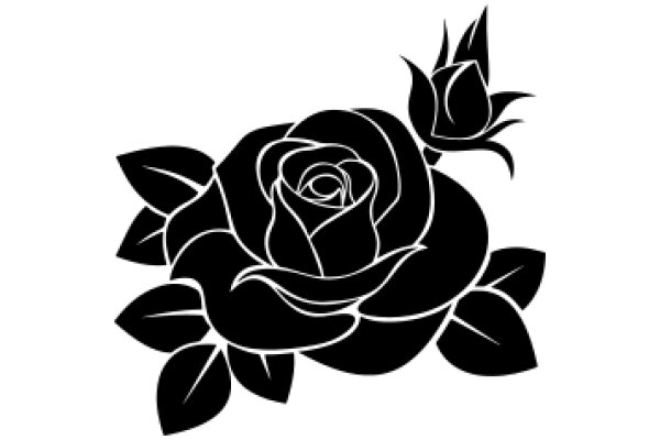 Elegant Black Rose with Leaves Silhouette