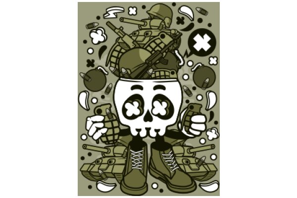 A Whimsical Illustration of a Skull with a Military Theme