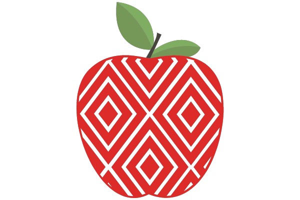 Vibrant Red Apple with Geometric Design and Green Leaf