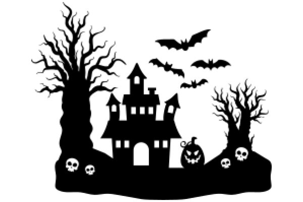 Halloween Silhouette: A Spooky Scene of Bats, a Haunted House, and Skulls