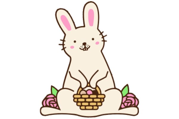 A Cute Cartoon Bunny with a Basket of Easter Eggs and Flowers