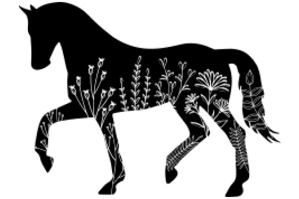 Elegant Black Silhouette of a Horse with Floral Designs