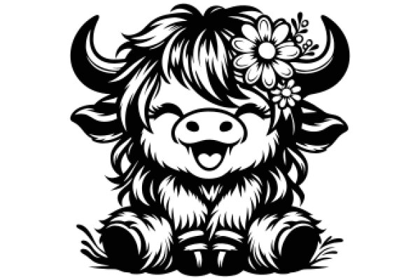 Whimsical Illustration of a Cute Cow with a Flower in its Hair