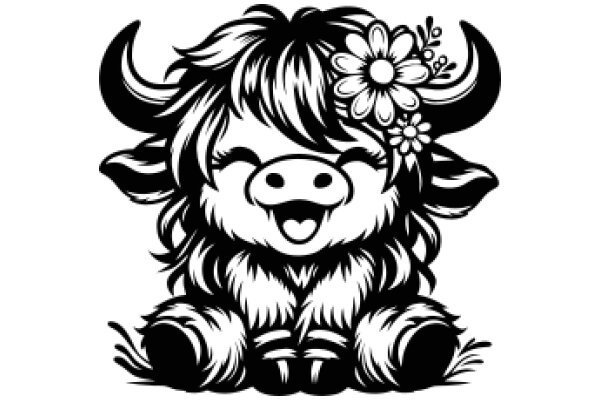 Whimsical Illustration of a Cute Cow with a Flower in its Hair