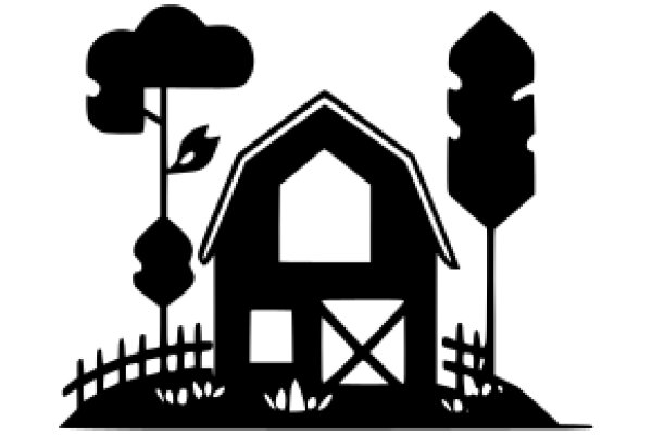 Silhouette of a Rural Scene: A Barn, a Tree, and a Fence