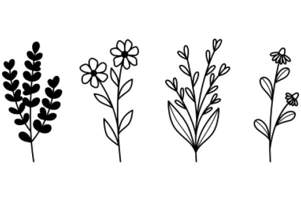 A Simple Line Drawing of Four Different Flowers