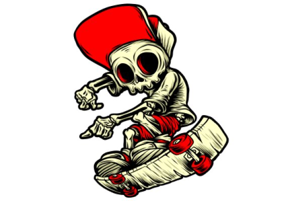 Whimsical Skull Character with Red Hat and Skateboard, Illustrated in