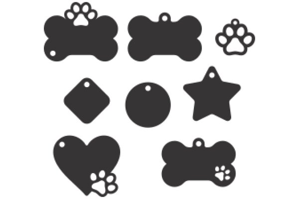 A Collection of Black Silhouette Icons: Paw Prints, Hearts, and Bones