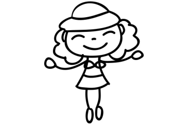 A Whimsical Line Drawing of a Smiling Cartoon Girl in a Hat