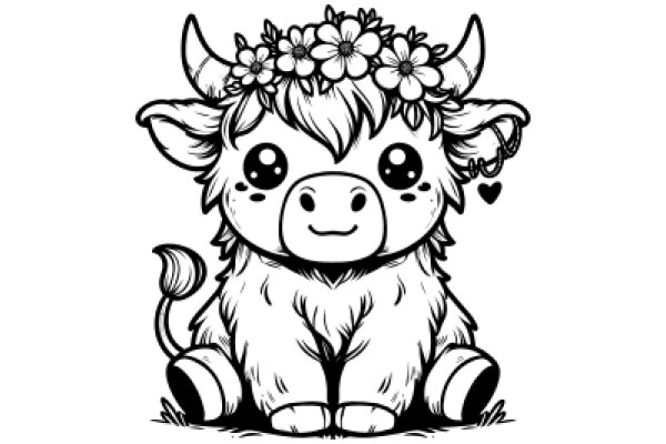 Whimsical Illustration: A Cute Cow with a Flower Crown and Heart Eyes