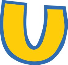 Vibrant Yellow and Blue Letter 'U' in a Stylized Font