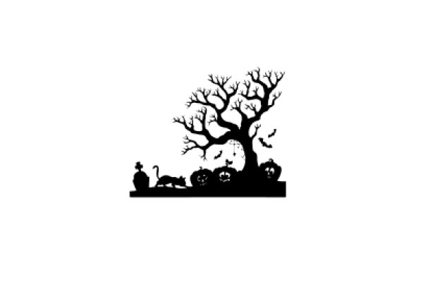 Halloween Silhouette: A Spooky Scene with a Tree, Pumpkins, and a Cat