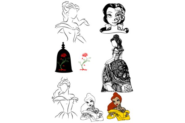 A Collection of Stylized Female Characters and Skulls