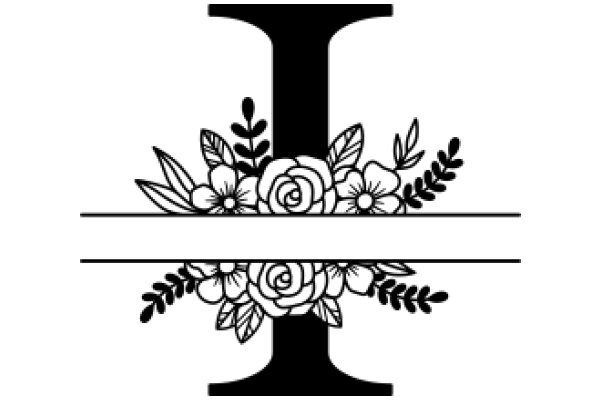 Monochrome Floral Design: A Stylish Letter 'I' with a Flowery Border