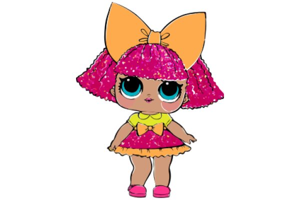 Vibrant Cartoon Character: A Pink-Haired Girl with a Yellow Bow and Pink Shoes