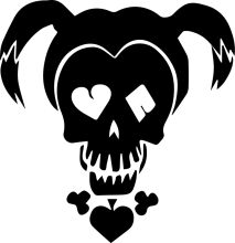 Stylized Black and White Illustration of a Skull with Heart-Shaped Eyes and Ponytails