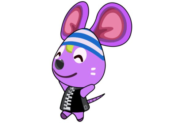 Vibrant Purple Cartoon Mouse with Blue and White Striped Hat and Jacket