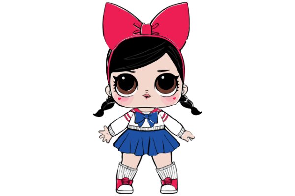 An Adorable Anime-Style Character with a Blue Skirt and Pink Bow