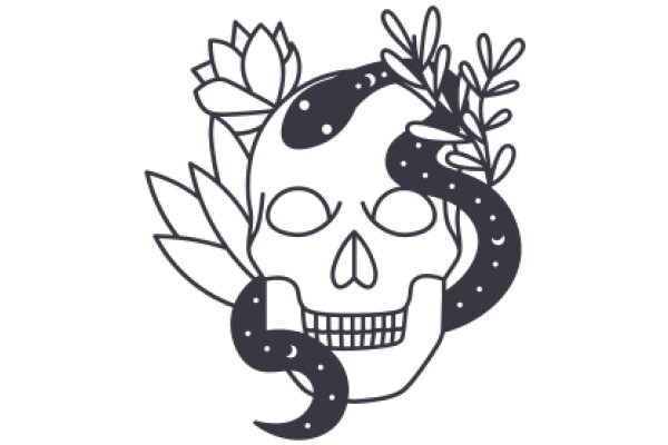 Stylized Skull with Snake and Floral Design