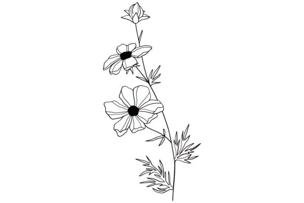 A Delicate Line Drawing of a Flower Stem with Three Flowers and Leaves