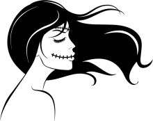 Stylized Black and White Illustration of a Woman with a Skeletal Mask