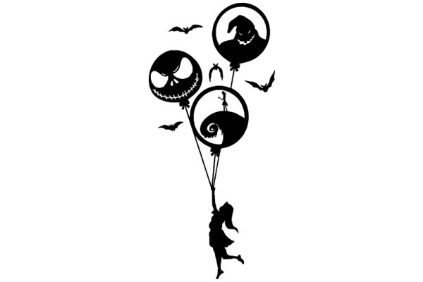 Whimsical Silhouette: A Playful Scene of a Girl and Her Flying Companions