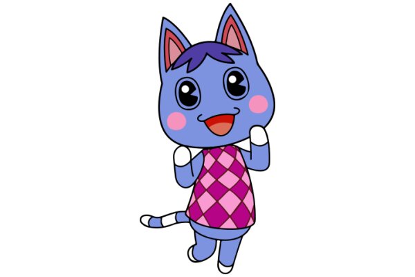 Adorable Cartoon Cat with a Pink and Purple Dress and Big Eyes