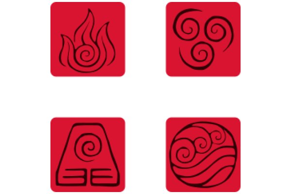 A Collection of Red Symbols: A Fire, A Spiral, and a Wave