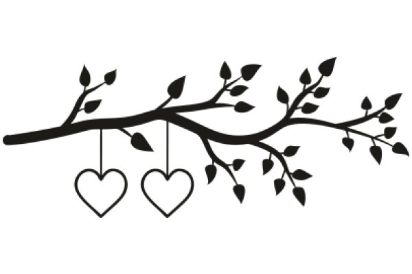 Silhouette of a Branch with Three Hearts and Leaves